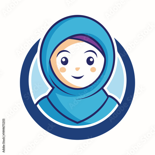 Muslim Woman Portrait in Blue Hijab. Simple, Minimalist Character Logo. Flat Design