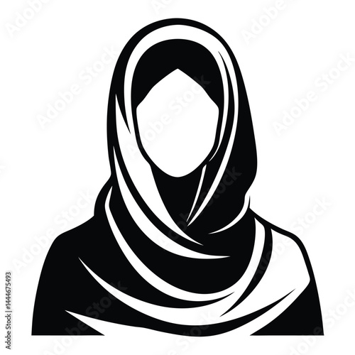Silhouette of Arab Woman in Hijab, Traditional Clothing, Modest Fashion, Black and White