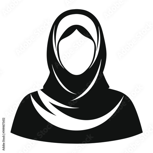 Silhouette of Woman Wearing Hijab, Black and White Minimalist Icon, Islamic Clothing