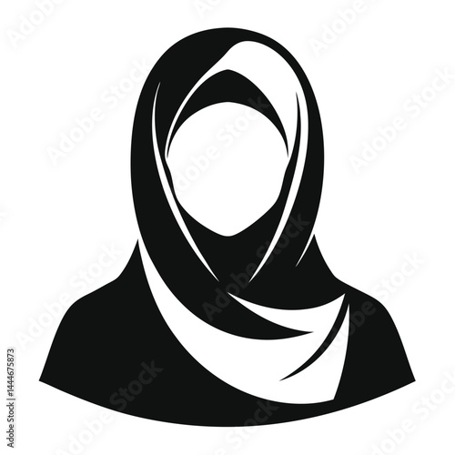 Black and White Silhouette of a Woman Wearing a Hijab, Traditional Islamic Clothing
