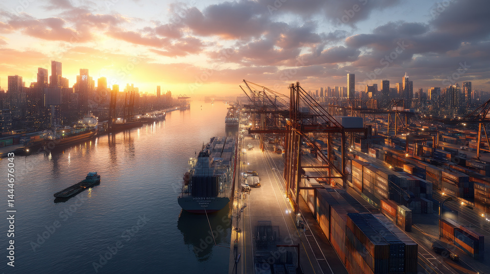 Modern Port City Skyline at Sunrise