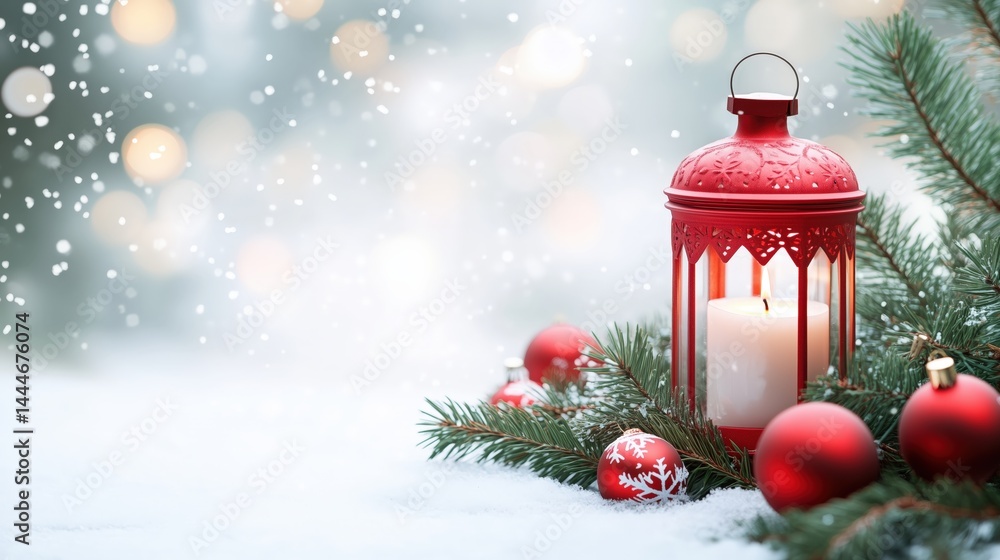 Festive Red Lantern with Candle Surrounded by Pine Branches and Ornaments