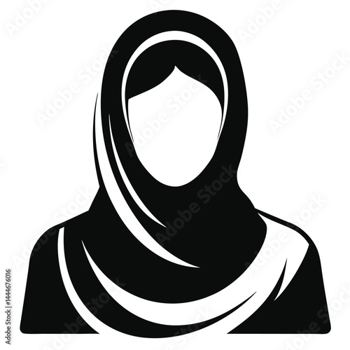 Black and White Silhouette of Muslim Woman in Hijab, Traditional Head Covering