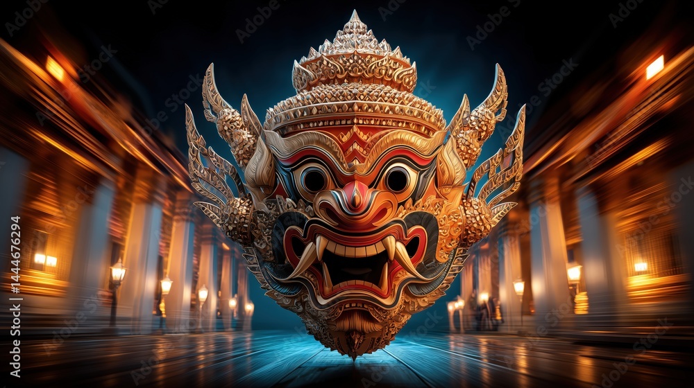 3D Floating Khon Mask in Front of Temple Pillars at Night Time