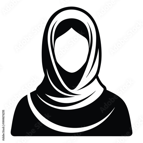 Woman Wearing Hijab Silhouette, Muslim, Headscarf, Traditional Dress, Black and White Icon
