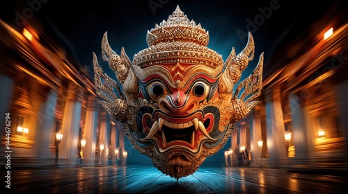 Obraz na płótnie 3D Floating Khon Mask in Front of Temple Pillars at Night Time w salonie