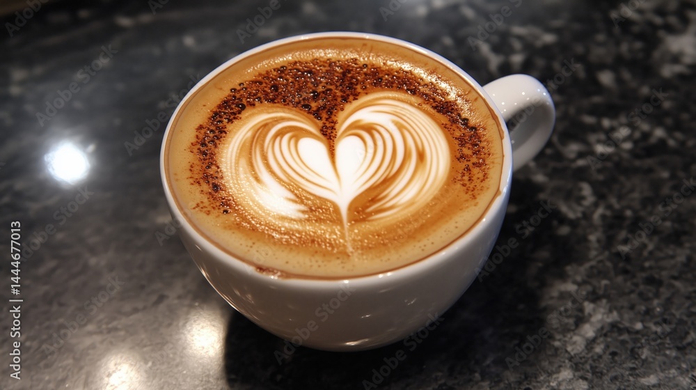 Heart-Shaped Latte Art in a White Coffee Cup on a Dark Surface
