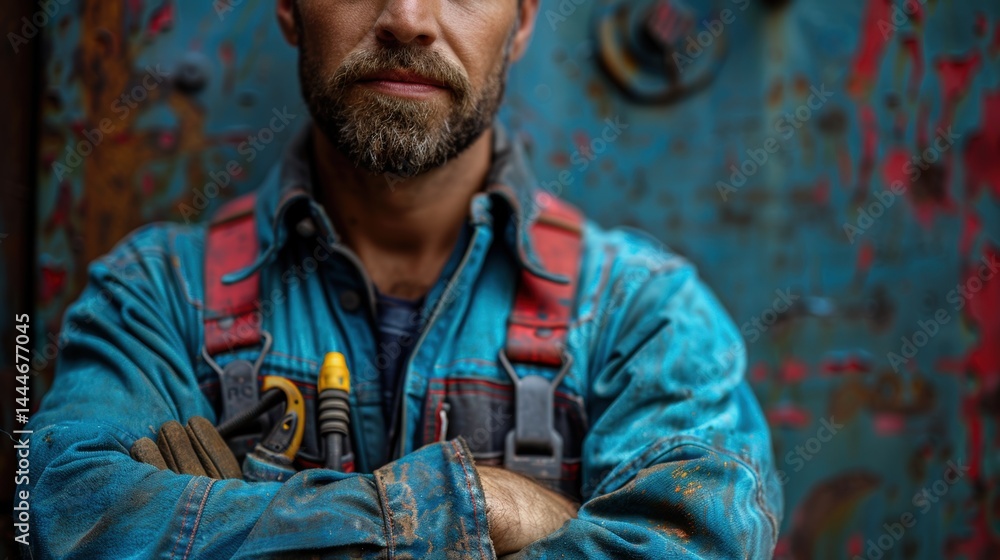 Obraz premium Skilled worker in worn overalls standing against a distressed metal door