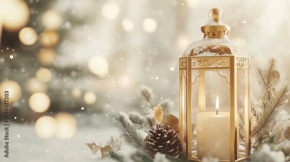 Elegant Gold Lantern with Candle and Pine Decor in Soft Glow