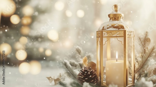 Obraz na płótnie Elegant Gold Lantern with Candle and Pine Decor in Soft Glow w salonie
