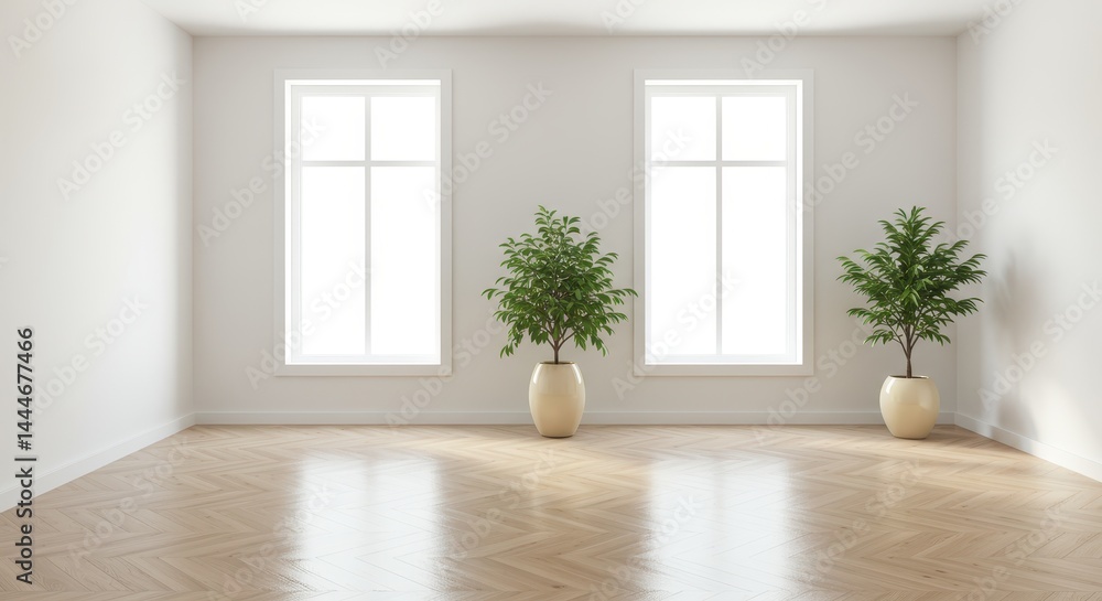 A bright and spacious room with two windows and two potted plants on a shiny wooden floor indoors A bright and spacious room with two windows and two potted plants on a shiny wooden floor indoors