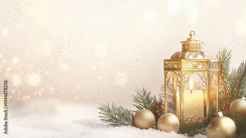 Obraz na płótnie Shimmering Gold Lantern Illuminated by Candle Among Festive Decor w salonie