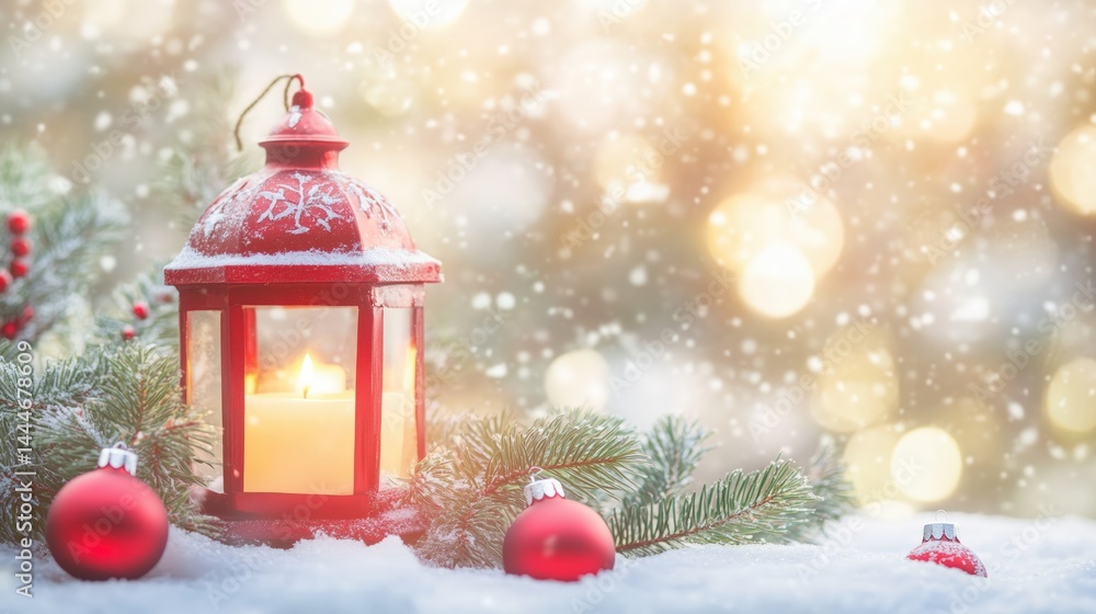 Bright Red Lantern with Candle in a Snowy Scene at Dusk