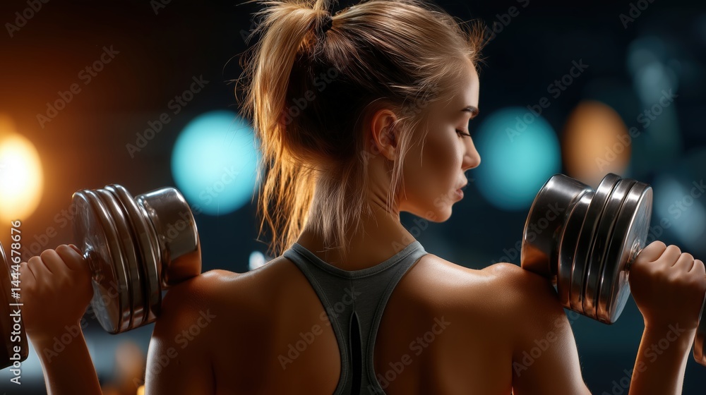 Woman Performing Shoulder Rolls with Weights in a Fitness Setting