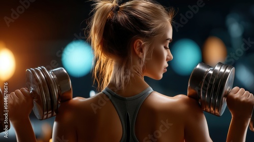 Obraz na płótnie Woman Performing Shoulder Rolls with Weights in a Fitness Setting w salonie