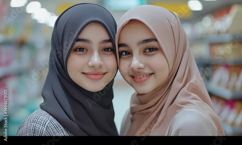 Muslim women smiling in a grocery store
