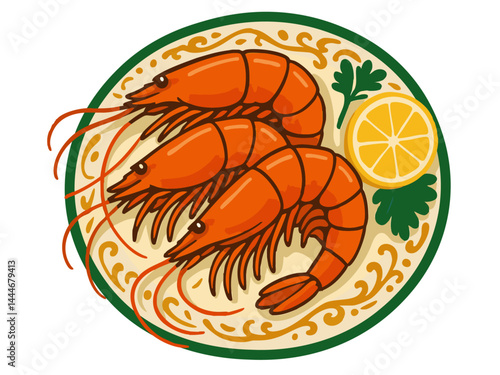 Top view grilled shrimp. Vector prawn illustration. Delicacy restaurant dish. Seafood presentation	