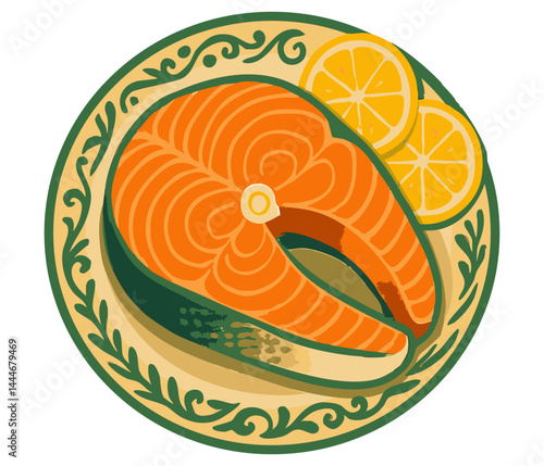 Grilled salmon steak. Top view fish steak with lemon pieces.  Restaurant food.