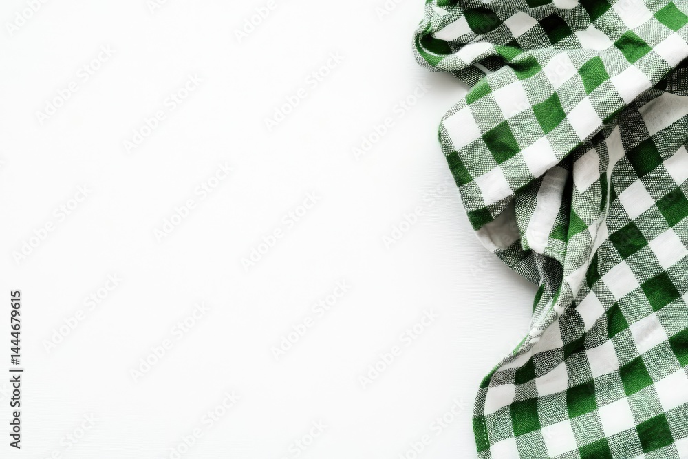 Green and white checkered tablecloth draped on a white surface The fabric drapes in soft folds along the right edge Green and white checkered tablecloth draped on a white surface The fabric drapes in soft folds along the right edge