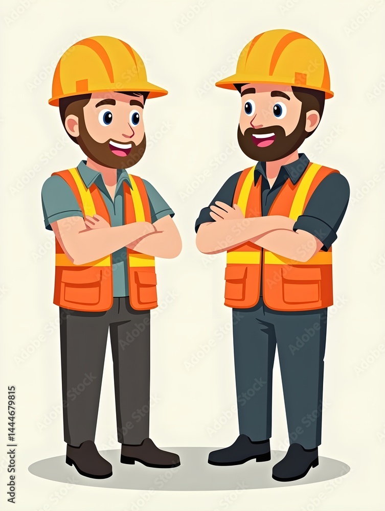 Construction workers in safety vests and helmets showcasing flat art style with two poses and a professional atmosphere Construction workers in safety vests and helmets showcasing flat art style with two poses and a professional atmosphere