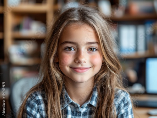 Charming Young Girl with Bright Smile in a Cozy Indoor Setting
