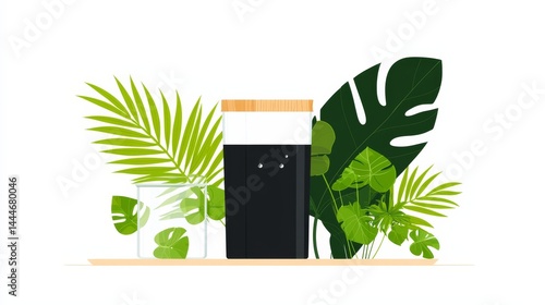 Minimalist Flat Design Featuring Black Container and Glass Jar with Tropical Leaves on Light Background
