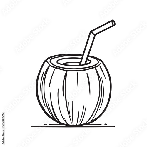 coconut with straw ready for drinking line art illustration
