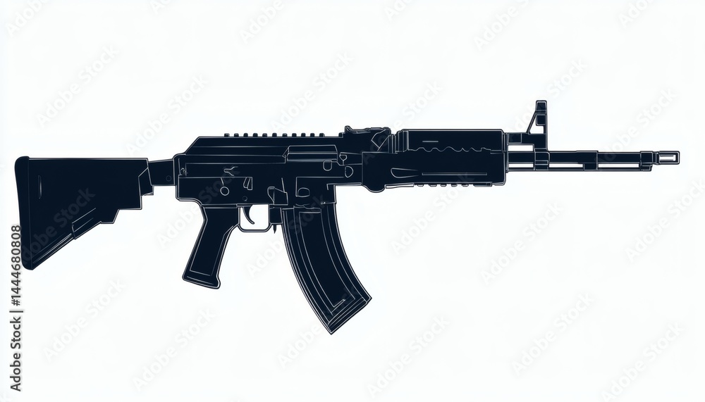 Silhouetted image of a modern military rifle. Silhouetted image of a modern military rifle.
