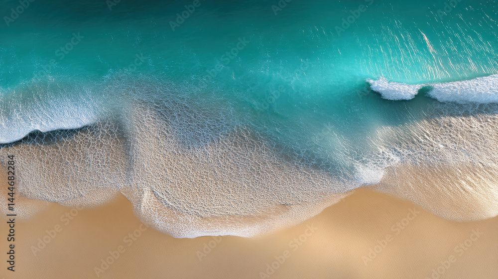 Aerial View of Turquoise Ocean Waves on a Sandy Beach