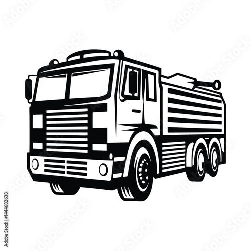 Black & White Style Heavy Truck Silhouette, Wheels and Cabin Details, Side View, Isolated