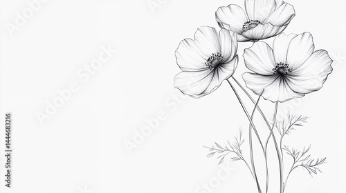 A fine-line ink drawing featuring a cluster of three blooming flowers with small leaves at the base, emphasizing clean contours and a classic botanical feel