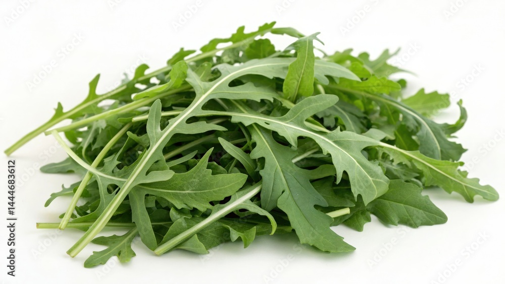 Fresh arugula leaves showcasing vibrant green color on a clean white background Fresh arugula leaves showcasing vibrant green color on a clean white background
