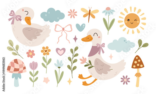 Set with silly goose, flowers, butterfly, mushroom, sun, cloud. Silly goose on the loose. Spring, summer hand drawn vector illustration in flat style.