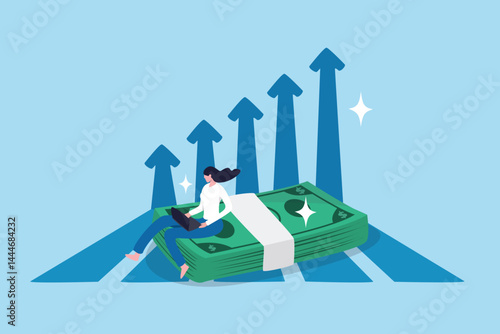 Increase income or salary raise, growing investment, wealth or saving profit, revenue rising, improvement or accumulate wealth concept, woman working with computer on banknote money growing graph.