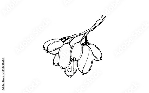 black and white vector illustration of Black wattle fruit, small elongated pods with round seeds inside, thick black outlines on a white background.
