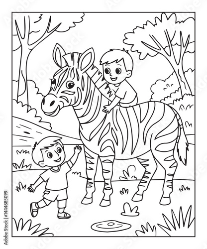 Zebra playing with boy coloring page for kids, black line art vector illustration on white background