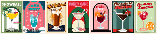 Winter Cocktails retro poster set. Cranberry Sangria, Snowball, Candy Cane Martini, Jack Frost. Holidays hot drinks. Vintage style vector illustrations, bar, pub, restaurant, kitchen wall art print