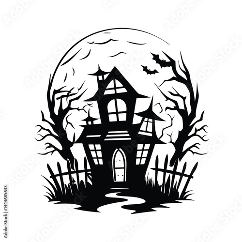 Spooky House Silhouette with Moon, Bats, Trees, and Fence in Monochrome Style