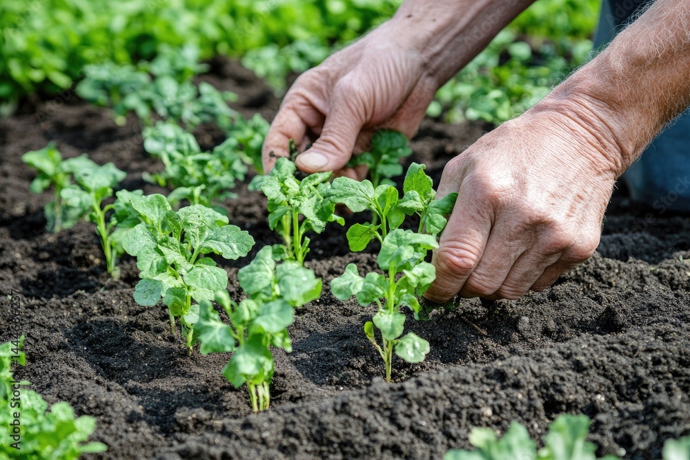 Hands carefully planting young seedlings in rows of dark soil Healthy green leafy sprouts are gently positioned Hands carefully planting young seedlings in rows of dark soil Healthy green leafy sprouts are gently positioned
