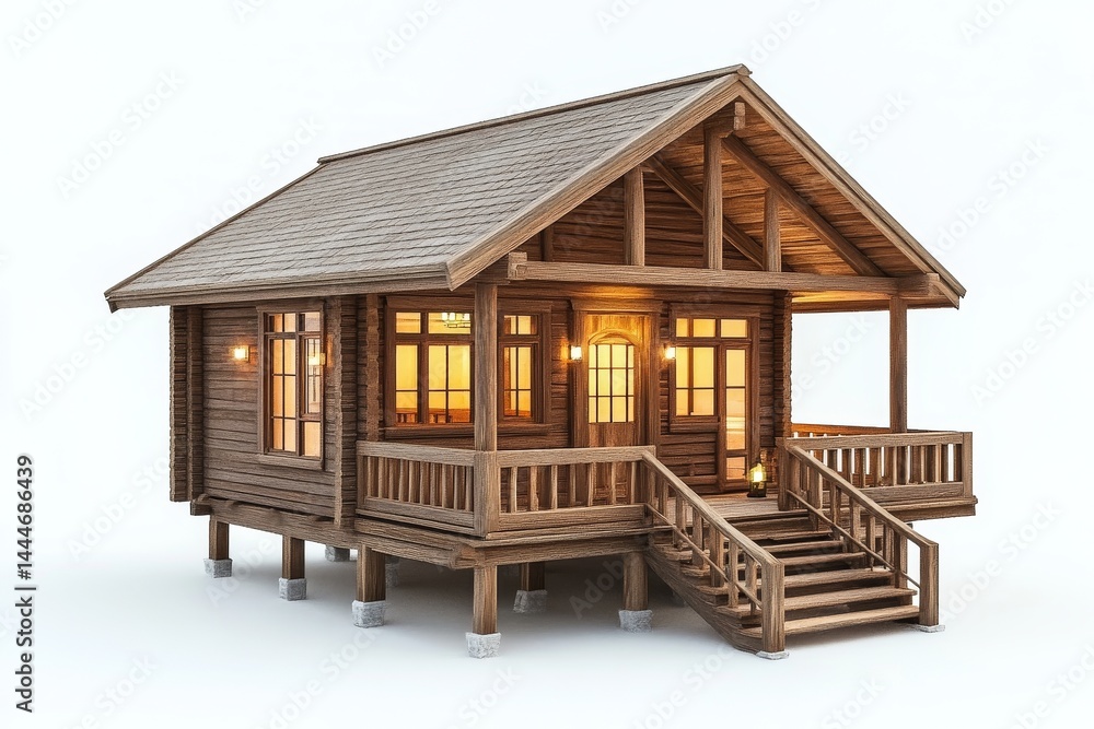 Cozy design is achieved with a detailed wooden house that has multiple chimneys and soft lighting Cozy design is achieved with a detailed wooden house that has multiple chimneys and soft lighting
