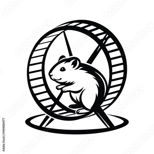 Monochrome of hamster sitting in a circular wheel in black and white style
