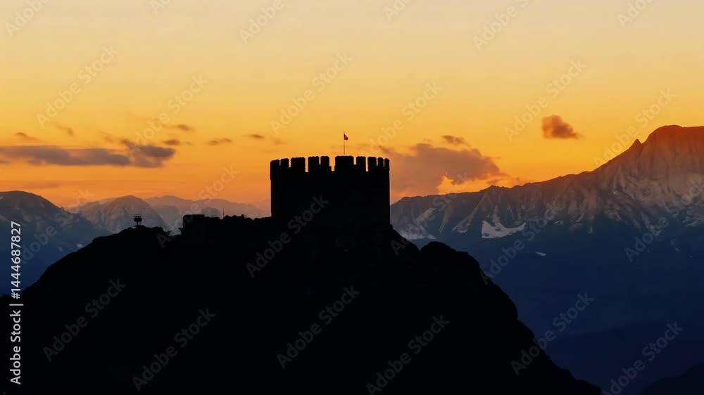 Pan across a mountain range, ending on an old castle perched atop the highest peak, silhouetted against a vibrant sunset Pan across a mountain range, ending on an old castle perched atop the highest peak, silhouetted against a vibrant sunset