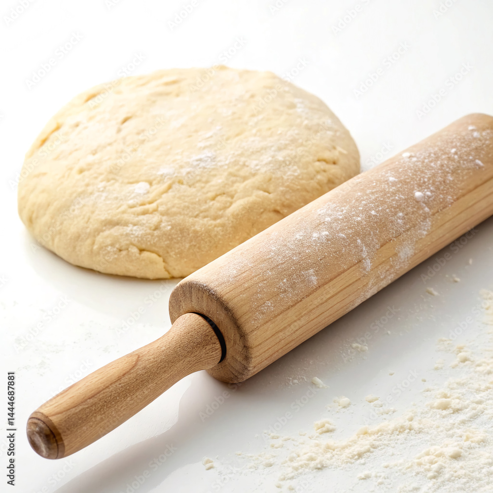 Wooden Rolling Pin and Dough on Floured Surface for Baking Preparation or promoting recipes and bakery freshness. Wooden Rolling Pin and Dough on Floured Surface for Baking Preparation or promoting recipes and bakery freshness.