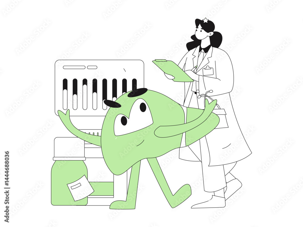 Obraz premium National Liver Protection Day Medical Characters Flat Vector Concept Operation Hand Drawn Illustration 