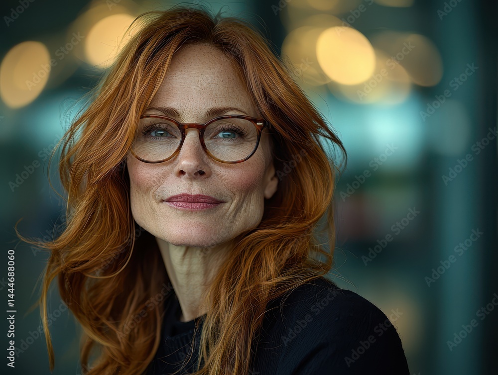 Elegant Redhead Woman with Glasses in Urban Setting Elegant Redhead Woman with Glasses in Urban Setting