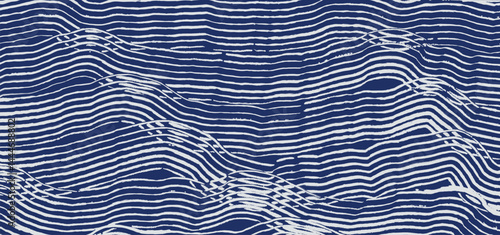Crafted hand drawn brush line abstract water and waves background in white and blue, Japanese and ethnic wood carving, engraving, weaving texture graphic for textile, carpet, decoration