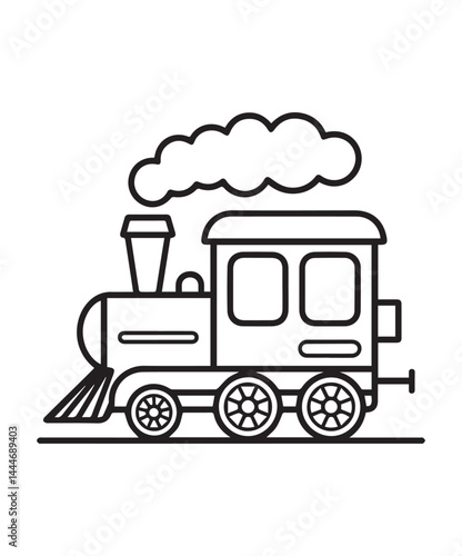 Simple and cute train coloring page for kids, black line art vector illustration on white background