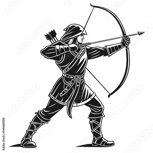 Medieval Archer Silhouette Hooded Warrior with Bow and Arrow, Isolated in White Background