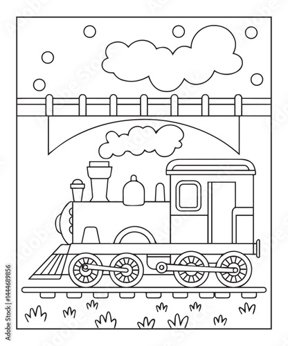 Simple and cute train coloring page for kids, black line art vector illustration on white background