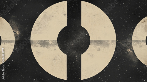 A pattern of black and white circles with gold accents, creating an elegant design against the backdrop of starry space. The circles have soft edges